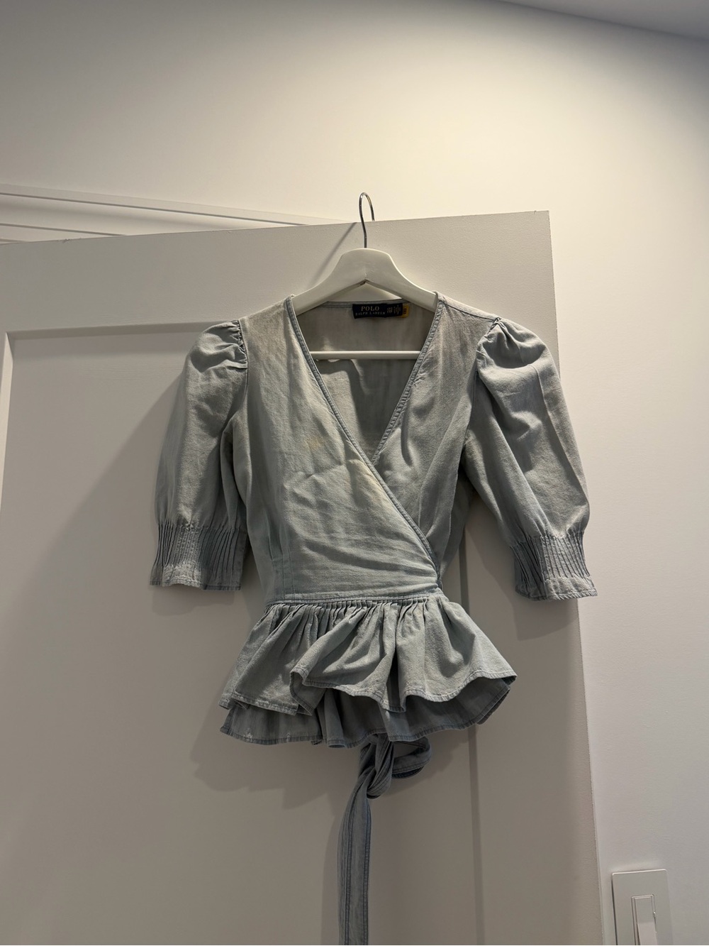 Ralph Lauren Light Blue Wrap Peplum Blouse with Puff Sleeves